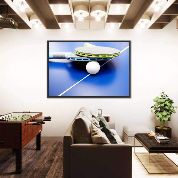Two Table Tennis Or Rackets And Balls On A Blue Table With Net Canvas Wall Art-5 Horizontal-Gallery Wrap-22" x 12"-Tiaracle