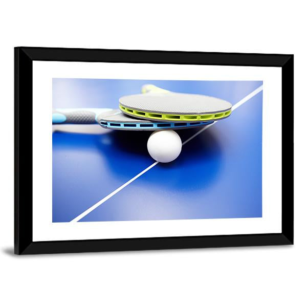 Two Table Tennis Or Rackets And Balls On A Blue Table With Net Canvas Wall Art-5 Horizontal-Gallery Wrap-22" x 12"-Tiaracle