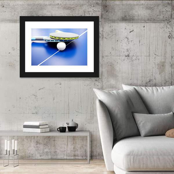Two Table Tennis Or Rackets And Balls On A Blue Table With Net Canvas Wall Art-5 Horizontal-Gallery Wrap-22" x 12"-Tiaracle