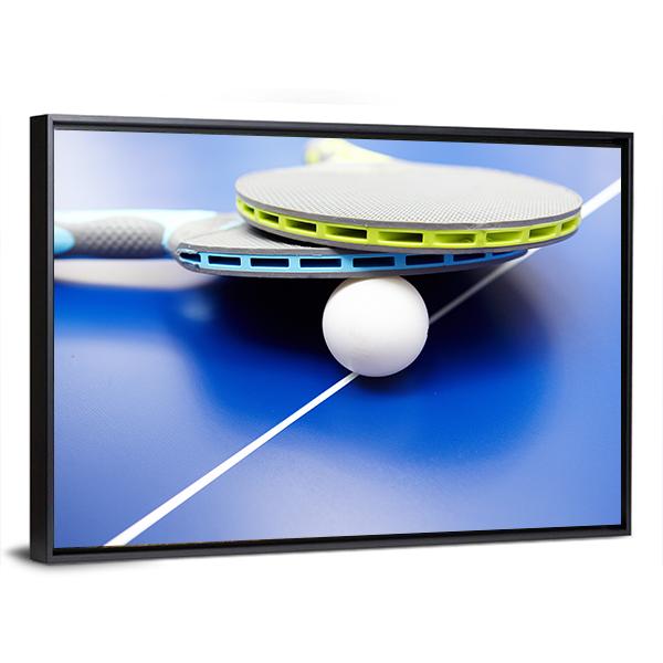 Two Table Tennis Or Rackets And Balls On A Blue Table With Net Canvas Wall Art-5 Horizontal-Gallery Wrap-22" x 12"-Tiaracle