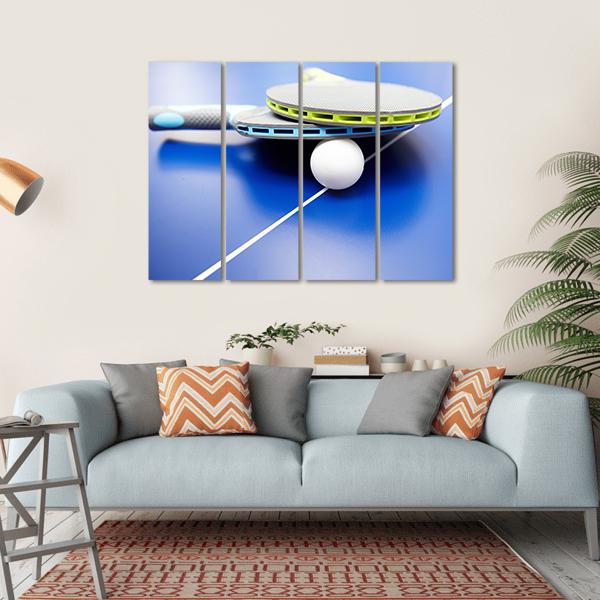 Two Table Tennis Or Rackets And Balls On A Blue Table With Net Canvas Wall Art-1 Piece-Gallery Wrap-36" x 24"-Tiaracle