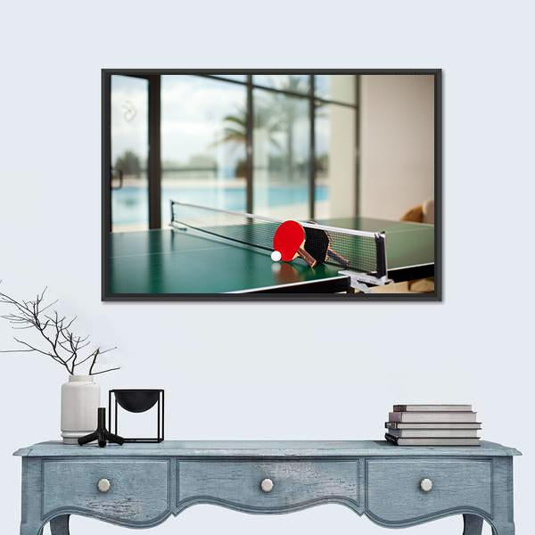 Two Table Tennis Or Rackets And Balls On A Green Table With Net Canvas Wall Art-5 Horizontal-Gallery Wrap-22" x 12"-Tiaracle