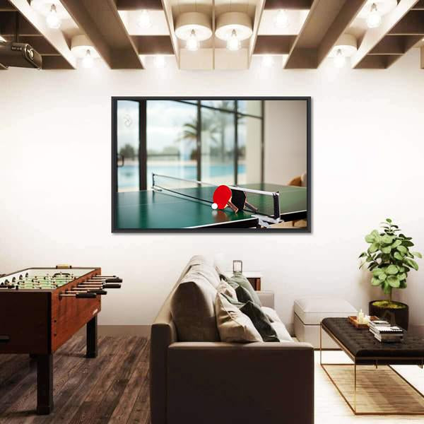 Two Table Tennis Or Rackets And Balls On A Green Table With Net Canvas Wall Art-5 Horizontal-Gallery Wrap-22" x 12"-Tiaracle