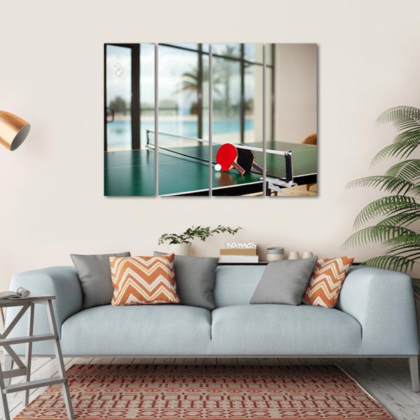 Two Table Tennis Or Rackets And Balls On A Green Table With Net Canvas Wall Art-4 Horizontal-Gallery Wrap-34" x 24"-Tiaracle