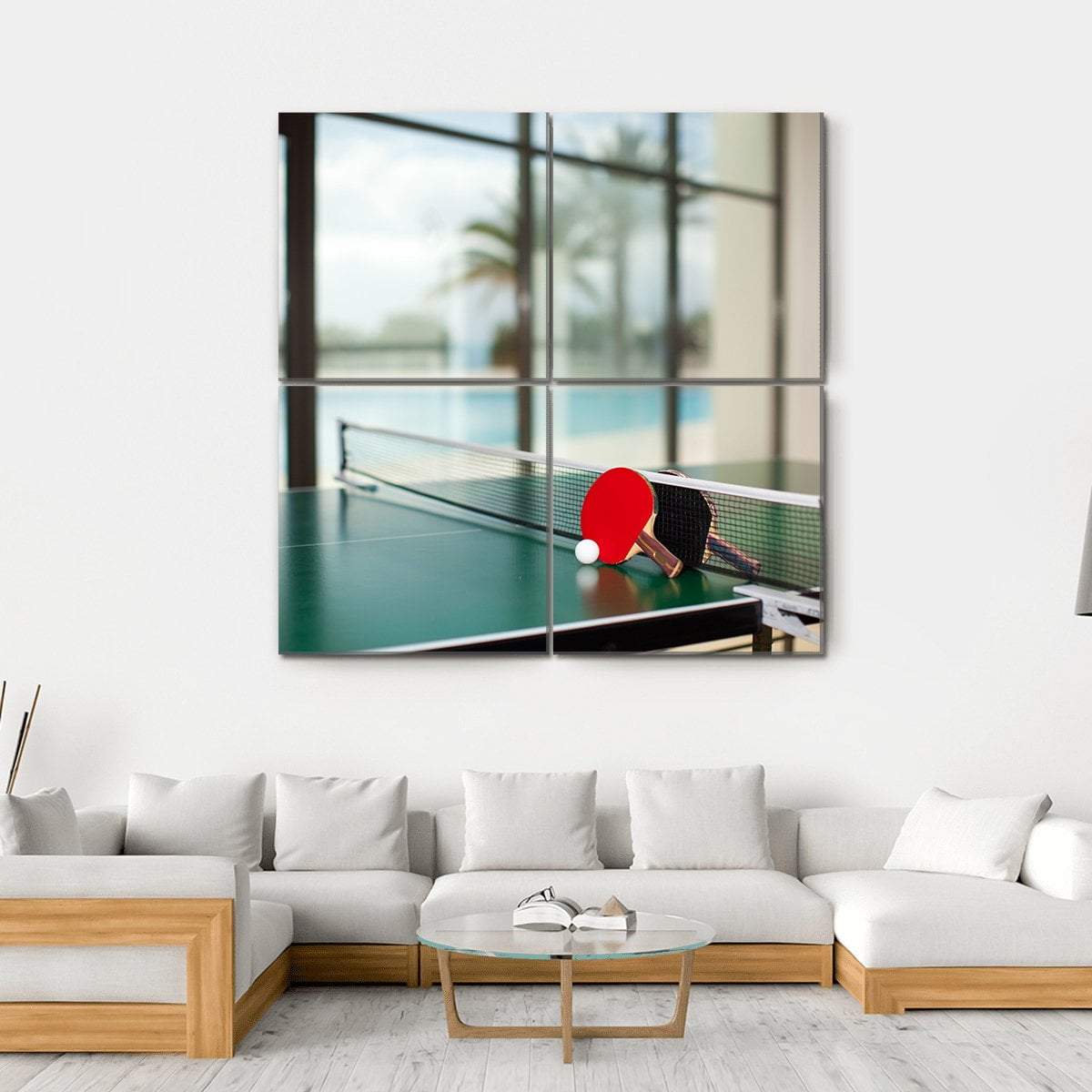 Two Table Tennis Or Rackets And Balls On A Green Table With Net Canvas Wall Art-4 Square-Gallery Wrap-17" x 17"-Tiaracle