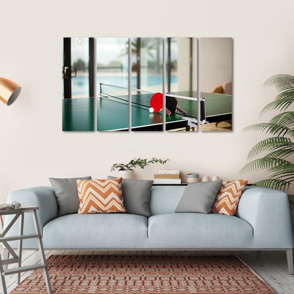 Two Table Tennis Or Rackets And Balls On A Green Table With Net Canvas Wall Art-5 Horizontal-Gallery Wrap-22" x 12"-Tiaracle