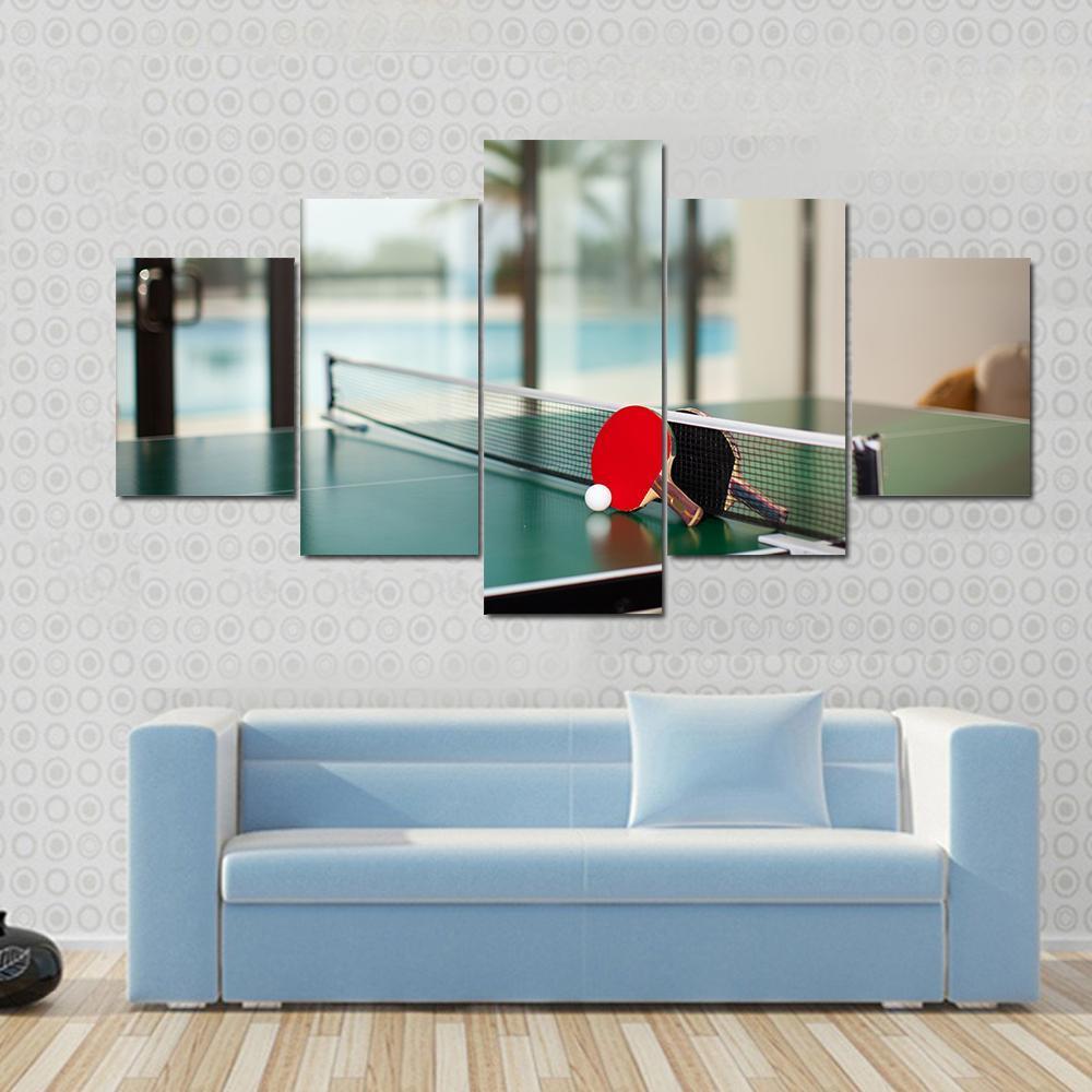 Two Table Tennis Or Rackets And Balls On A Green Table With Net Canvas Wall Art-5 Pop-Gallery Wrap-47" x 32"-Tiaracle