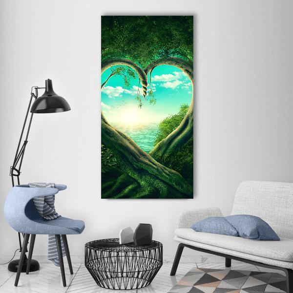 Two Trees Forming a Heart Vertical Canvas Wall Art in yellow, green and blue, single vertical panel hung on a wall