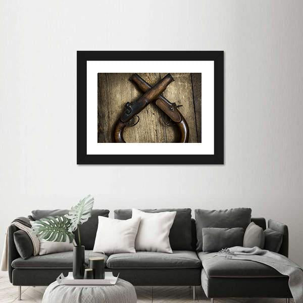 Two Vintage Pistols On Wooden Table Canvas Wall Art-1 Piece-Framed Print-20" x 16"-Tiaracle