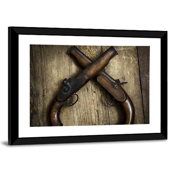 Two Vintage Pistols On Wooden Table Canvas Wall Art-3 Horizontal-Gallery Wrap-25" x 16"-Tiaracle