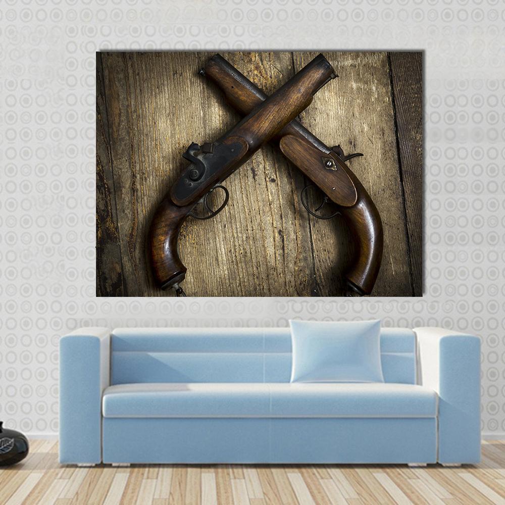 Two Vintage Pistols On Wooden Table Canvas Wall Art-1 Piece-Gallery Wrap-48" x 32"-Tiaracle