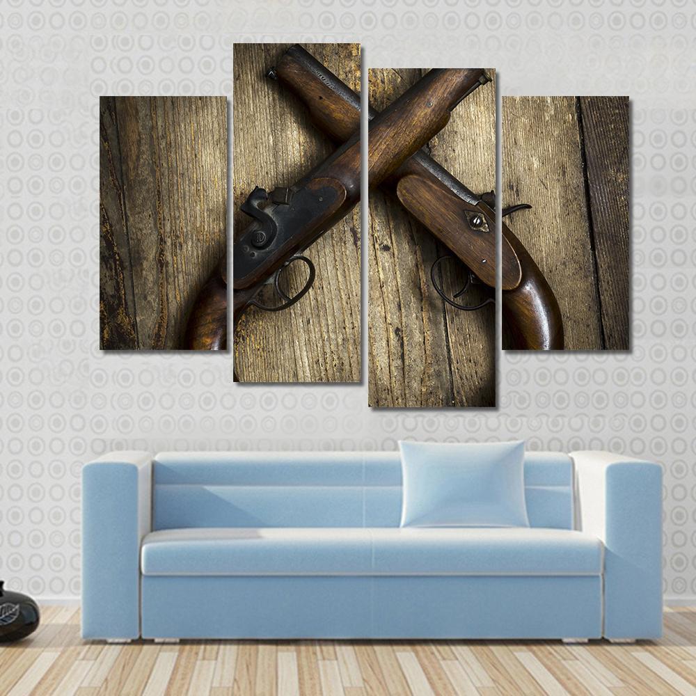 Two Vintage Pistols On Wooden Table Canvas Wall Art-1 Piece-Gallery Wrap-48" x 32"-Tiaracle