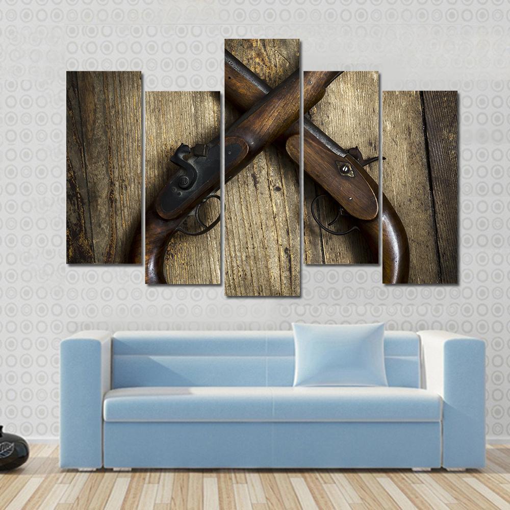 Two Vintage Pistols On Wooden Table Canvas Wall Art-5 Pop-Gallery Wrap-47" x 32"-Tiaracle