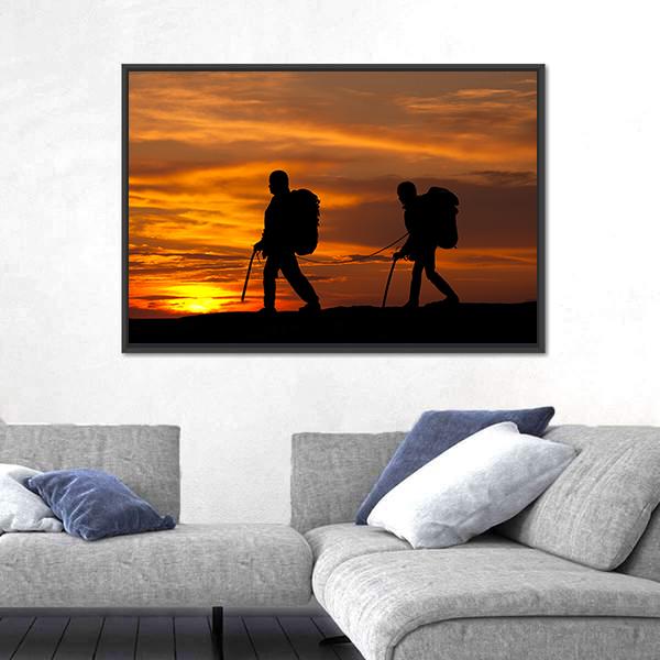 Two Walking Rock Climbers On Sunset Sky Canvas Wall Art-1 Piece-Floating Frame-24" x 16"-Tiaracle