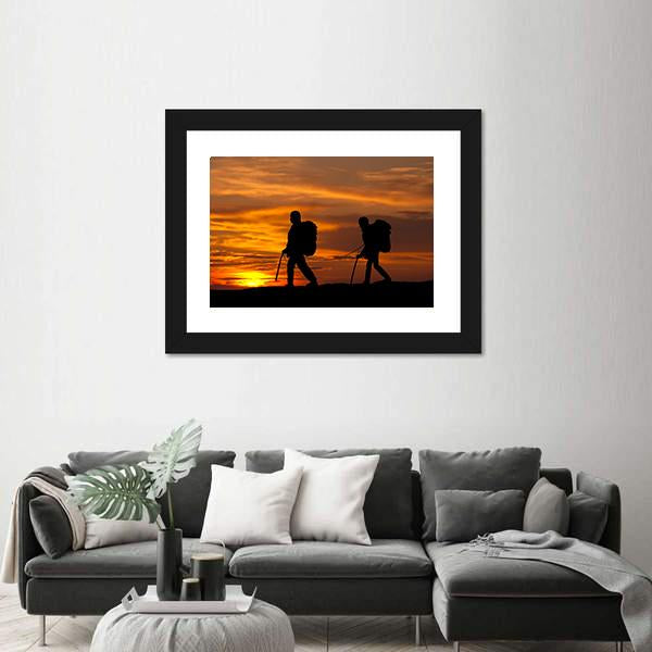 Two Walking Rock Climbers On Sunset Sky Canvas Wall Art-1 Piece-Framed Print-20" x 16"-Tiaracle
