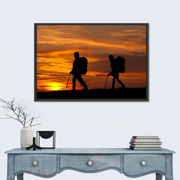 Two Walking Rock Climbers On Sunset Sky Canvas Wall Art-3 Horizontal-Gallery Wrap-25" x 16"-Tiaracle