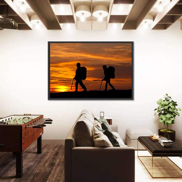 Two Walking Rock Climbers On Sunset Sky Canvas Wall Art-3 Horizontal-Gallery Wrap-25" x 16"-Tiaracle