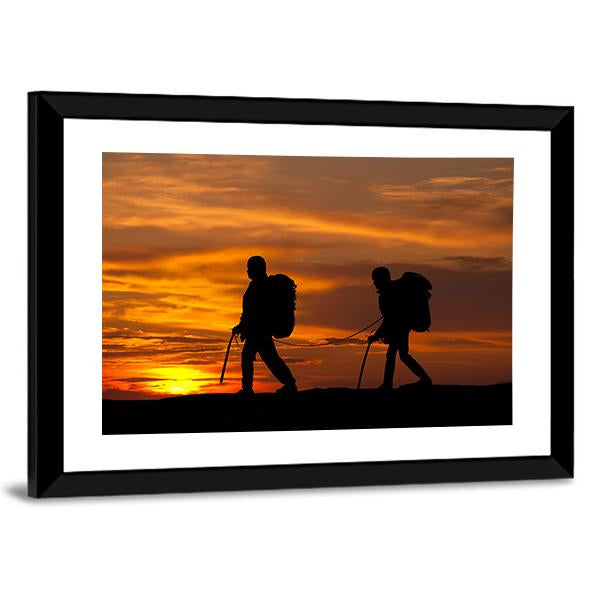 Two Walking Rock Climbers On Sunset Sky Canvas Wall Art-3 Horizontal-Gallery Wrap-25" x 16"-Tiaracle