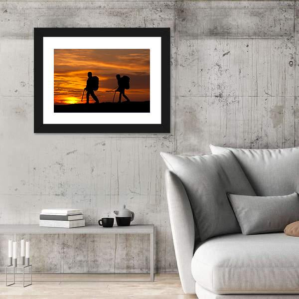 Two Walking Rock Climbers On Sunset Sky Canvas Wall Art-3 Horizontal-Gallery Wrap-25" x 16"-Tiaracle