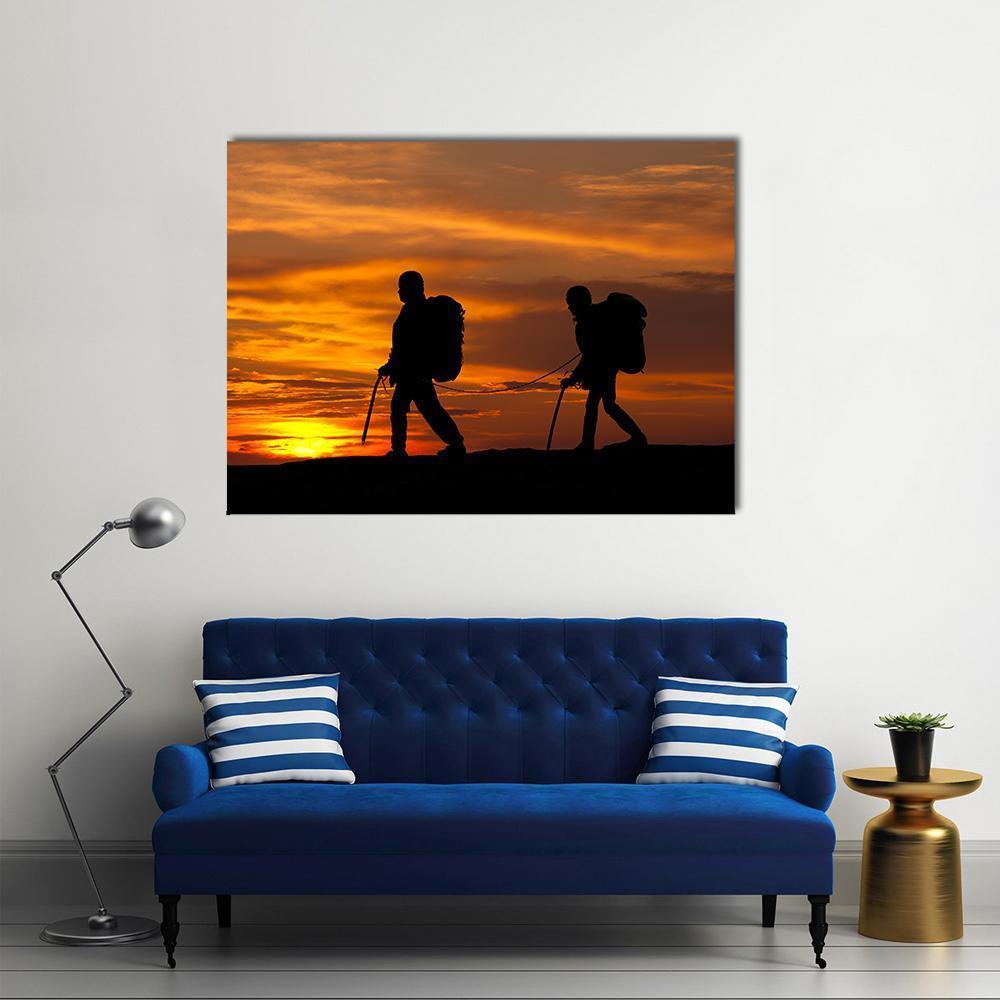 Two Walking Rock Climbers On Sunset Sky Canvas Wall Art-4 Pop-Gallery Wrap-50" x 32"-Tiaracle