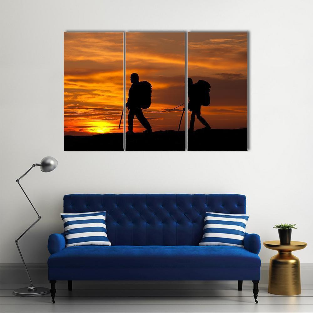 Two Walking Rock Climbers On Sunset Sky Canvas Wall Art-3 Horizontal-Gallery Wrap-37" x 24"-Tiaracle