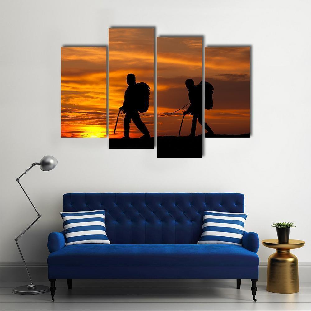 Two Walking Rock Climbers On Sunset Sky Canvas Wall Art-4 Pop-Gallery Wrap-50" x 32"-Tiaracle