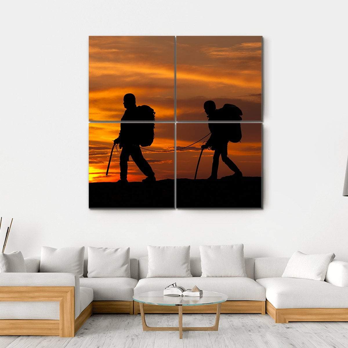 Two Walking Rock Climbers On Sunset Sky Canvas Wall Art-4 Square-Gallery Wrap-17" x 17"-Tiaracle
