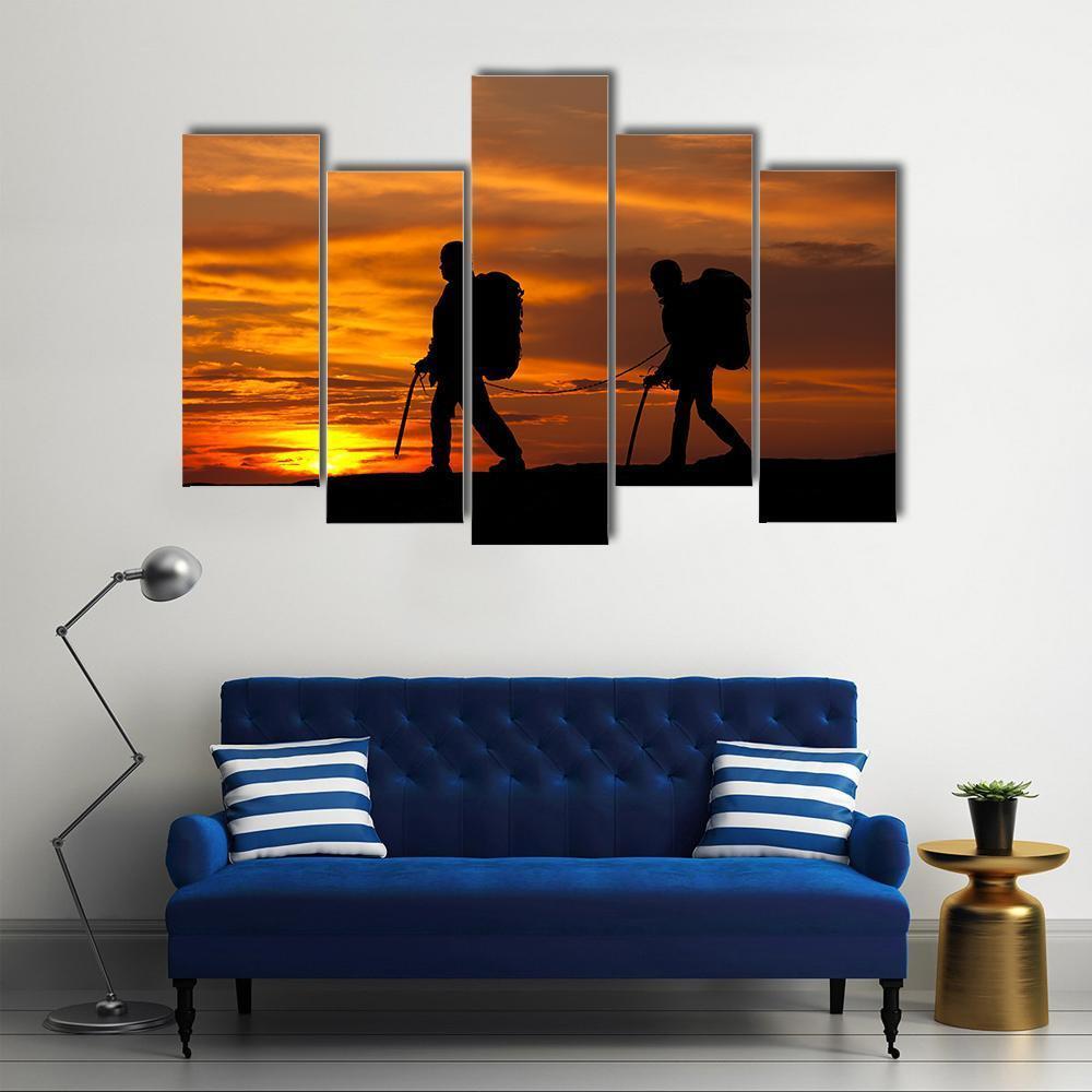 Two Walking Rock Climbers On Sunset Sky Canvas Wall Art-5 Pop-Gallery Wrap-47" x 32"-Tiaracle