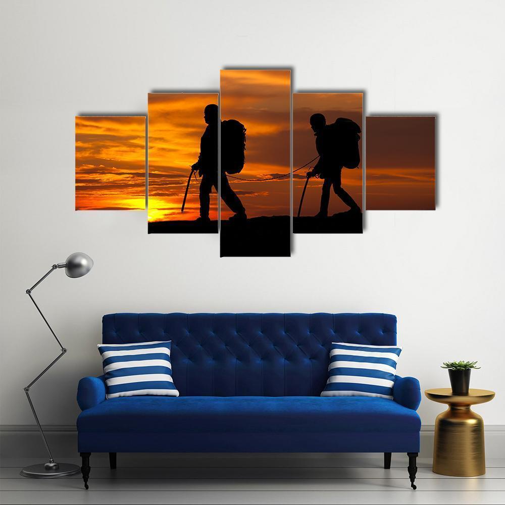 Two Walking Rock Climbers On Sunset Sky Canvas Wall Art-5 Star-Gallery Wrap-62" x 32"-Tiaracle