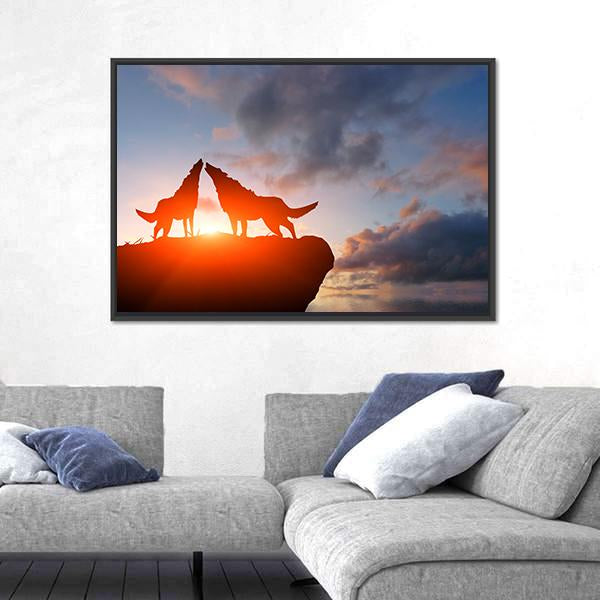 Two Wolves Pack On A Mountain Top Canvas Wall Art-1 Piece-Floating Frame-24" x 16"-Tiaracle