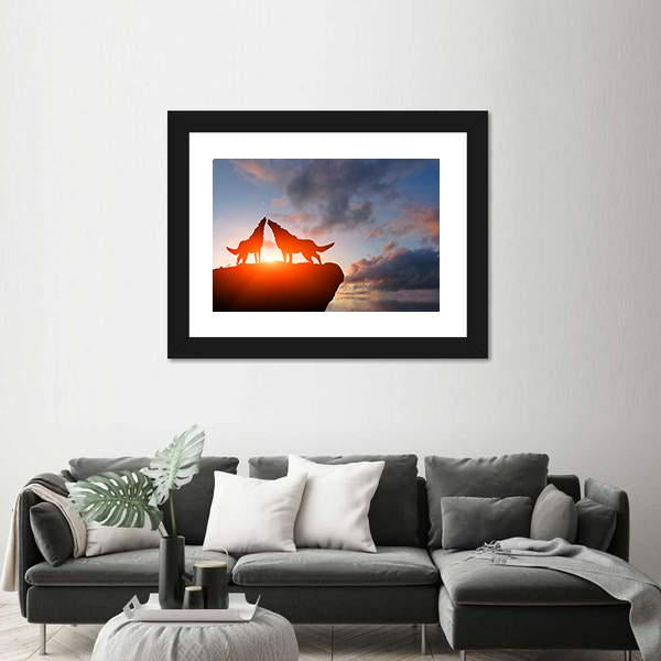 Two Wolves Pack On A Mountain Top Canvas Wall Art-1 Piece-Framed Print-20" x 16"-Tiaracle