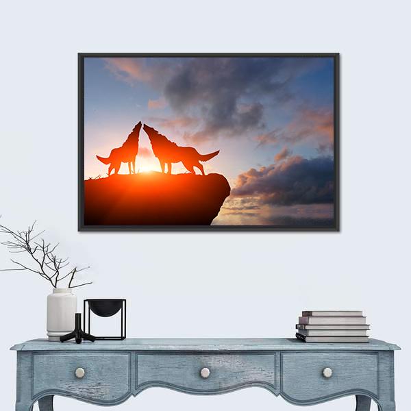 Two Wolves Pack On A Mountain Top Canvas Wall Art-3 Horizontal-Gallery Wrap-25" x 16"-Tiaracle