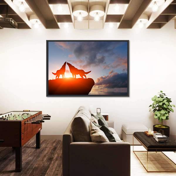 Two Wolves Pack On A Mountain Top Canvas Wall Art-5 Horizontal-Gallery Wrap-22" x 12"-Tiaracle