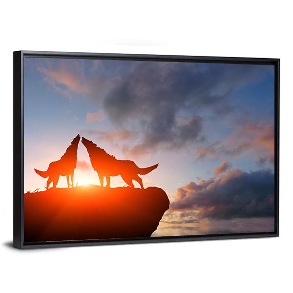 Two Wolves Pack On A Mountain Top Canvas Wall Art-5 Horizontal-Gallery Wrap-22" x 12"-Tiaracle