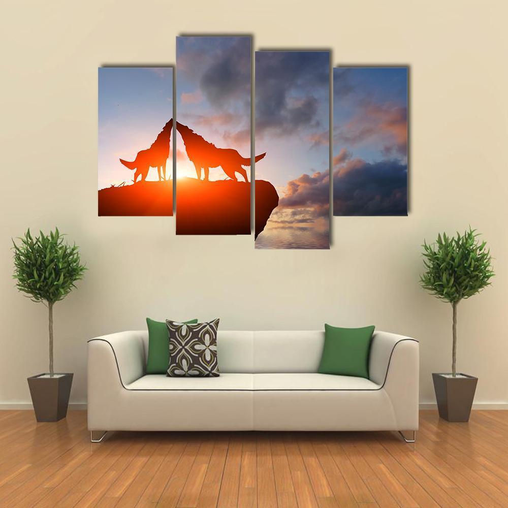 Two Wolves Pack On A Mountain Top Canvas Wall Art-4 Pop-Gallery Wrap-50&quot; x 32&quot;-Tiaracle