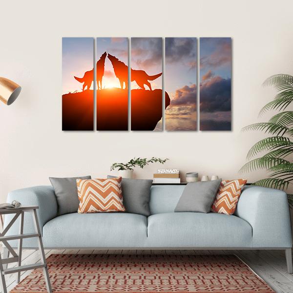 Two Wolves Pack On A Mountain Top Canvas Wall Art-5 Horizontal-Gallery Wrap-22" x 12"-Tiaracle