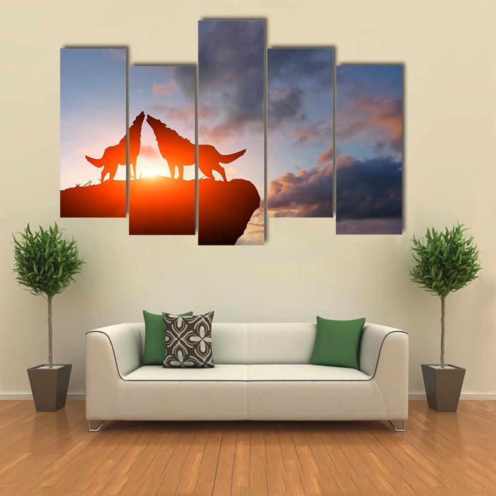 Two Wolves Pack On A Mountain Top Canvas Wall Art-5 Pop-Gallery Wrap-47&quot; x 32&quot;-Tiaracle