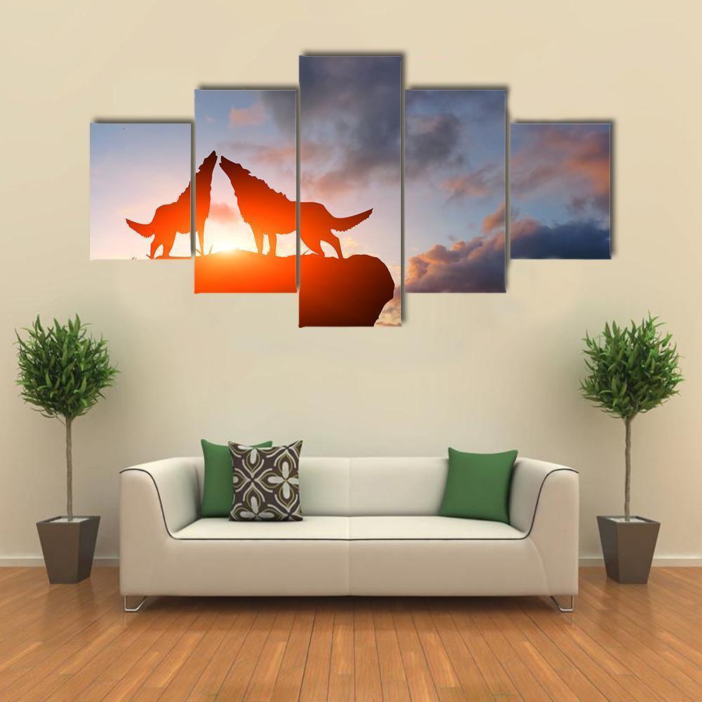 Two Wolves Pack On A Mountain Top Canvas Wall Art-5 Star-Gallery Wrap-62&quot; x 32&quot;-Tiaracle