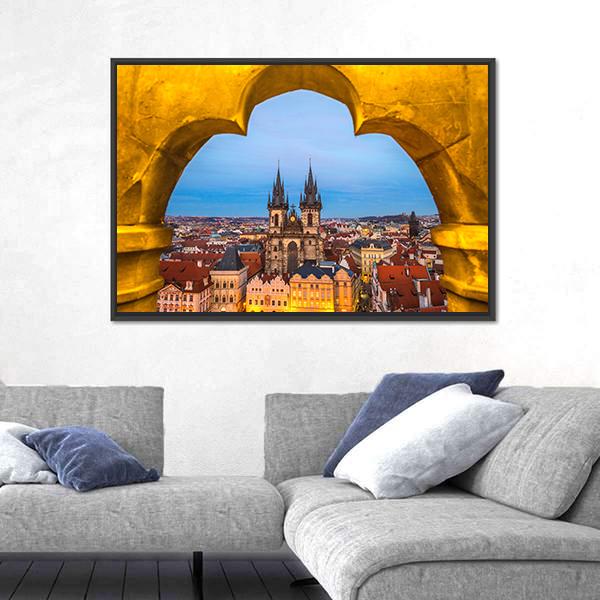 Tyn Church And Old Town Square In Prague Canvas Wall Art-1 Piece-Floating Frame-24" x 16"-Tiaracle
