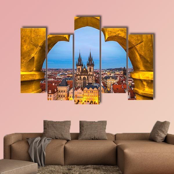Tyn Church And Old Town Square In Prague Canvas Wall Art-5 Pop-Gallery Wrap-47" x 32"-Tiaracle