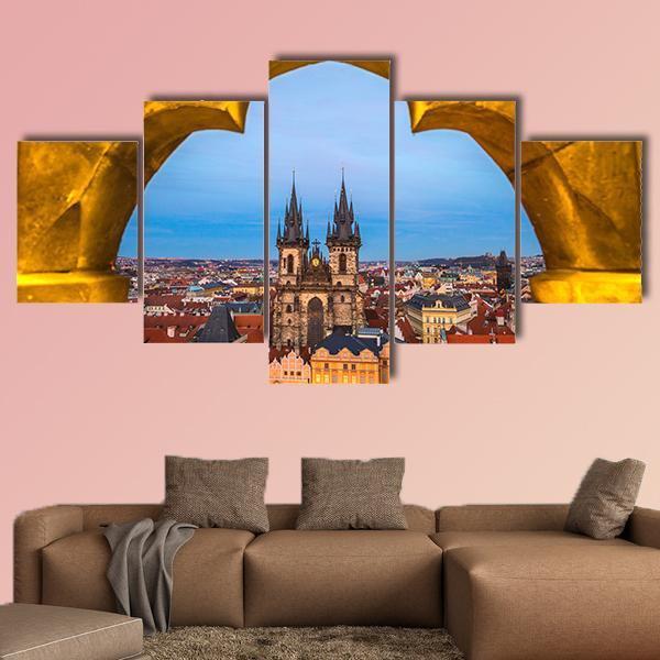 Tyn Church And Old Town Square In Prague Canvas Wall Art-5 Star-Gallery Wrap-62" x 32"-Tiaracle