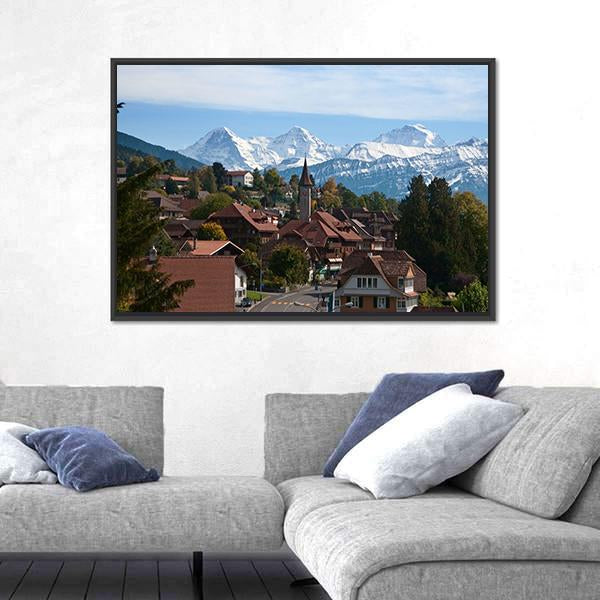 Typical Swiss Village With Snowy Peaks Switzerland Canvas Wall Art-1 Piece-Floating Frame-24" x 16"-Tiaracle