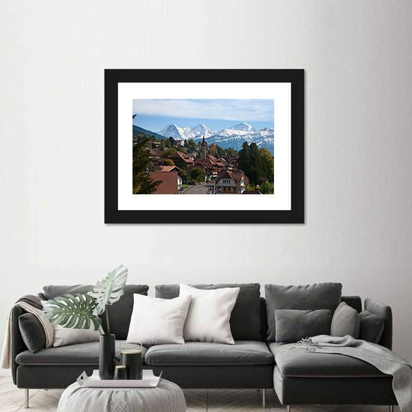 Typical Swiss Village With Snowy Peaks Switzerland Canvas Wall Art-1 Piece-Framed Print-20" x 16"-Tiaracle