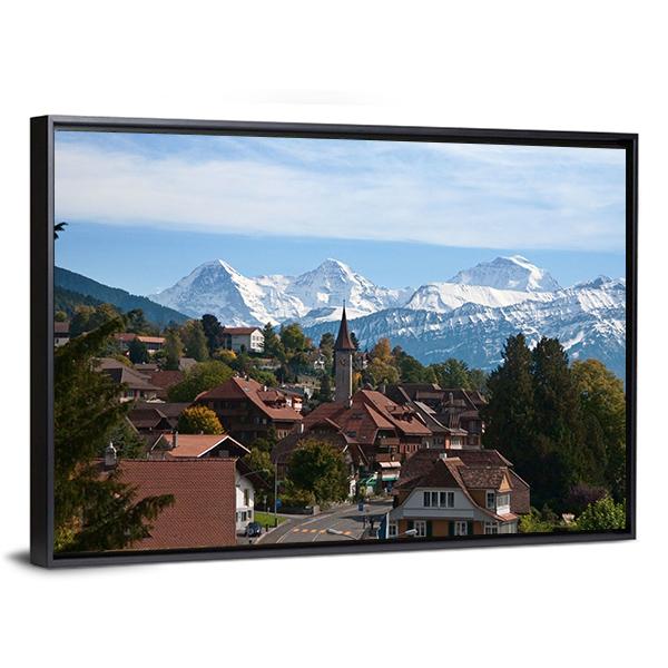 Typical Swiss Village With Snowy Peaks Switzerland Canvas Wall Art-3 Horizontal-Gallery Wrap-25" x 16"-Tiaracle