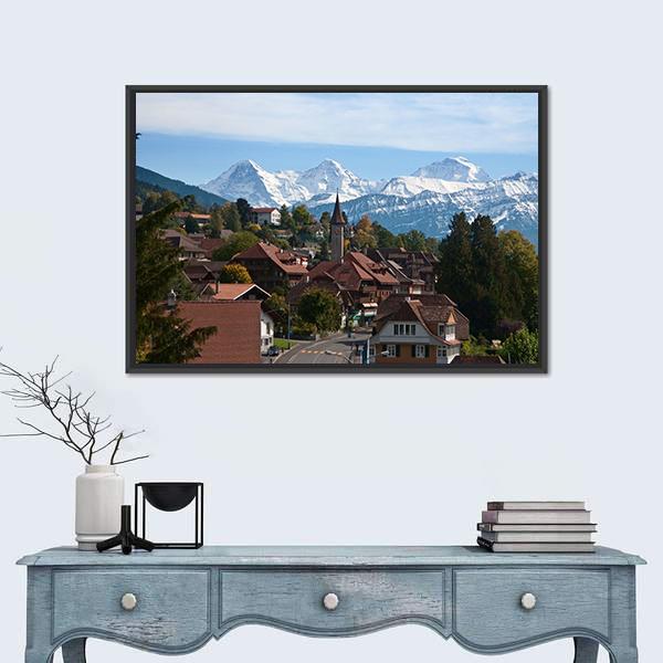 Typical Swiss Village With Snowy Peaks Switzerland Canvas Wall Art-3 Horizontal-Gallery Wrap-25" x 16"-Tiaracle