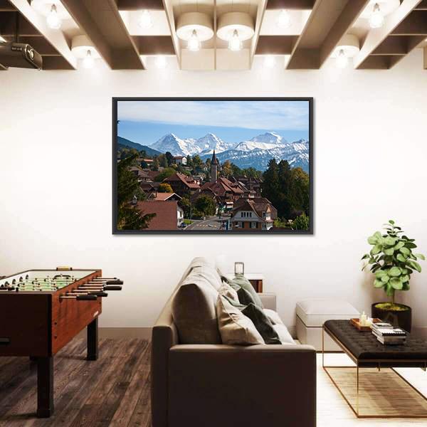 Typical Swiss Village With Snowy Peaks Switzerland Canvas Wall Art-3 Horizontal-Gallery Wrap-25" x 16"-Tiaracle