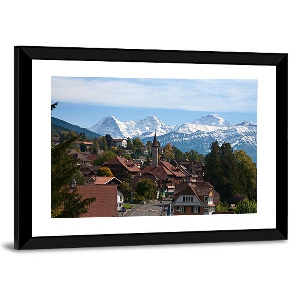 Typical Swiss Village With Snowy Peaks Switzerland Canvas Wall Art-3 Horizontal-Gallery Wrap-25" x 16"-Tiaracle