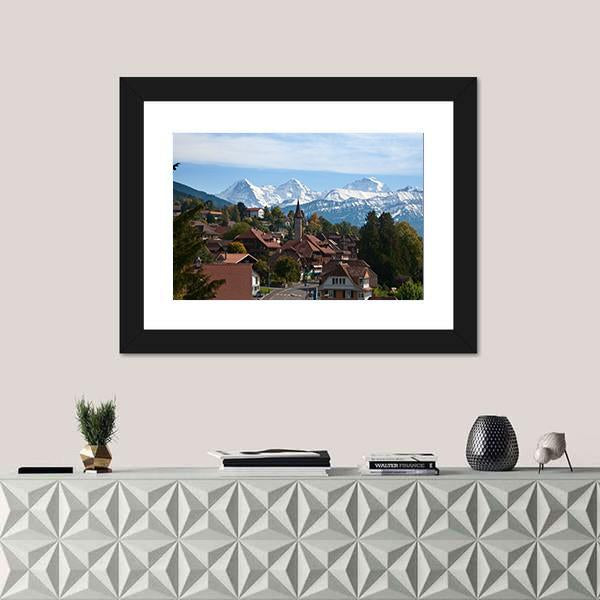 Typical Swiss Village With Snowy Peaks Switzerland Canvas Wall Art-3 Horizontal-Gallery Wrap-25" x 16"-Tiaracle