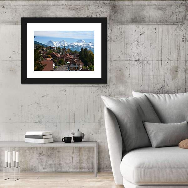 Typical Swiss Village With Snowy Peaks Switzerland Canvas Wall Art-3 Horizontal-Gallery Wrap-25" x 16"-Tiaracle