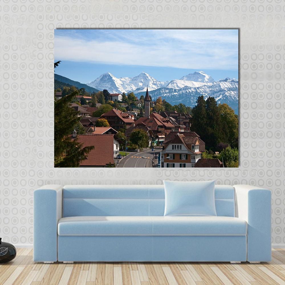 Typical Swiss Village With Snowy Peaks Switzerland Canvas Wall Art-1 Piece-Gallery Wrap-48" x 32"-Tiaracle